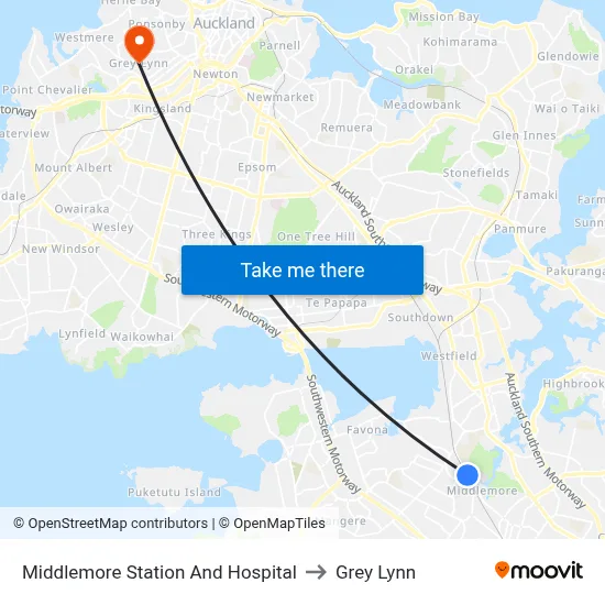 Middlemore Station And Hospital to Grey Lynn map