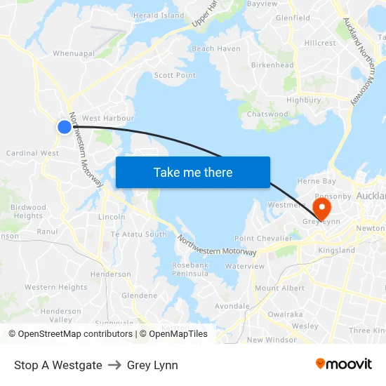 Stop A Westgate to Grey Lynn map