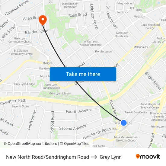 New North Road/Sandringham Road to Grey Lynn map