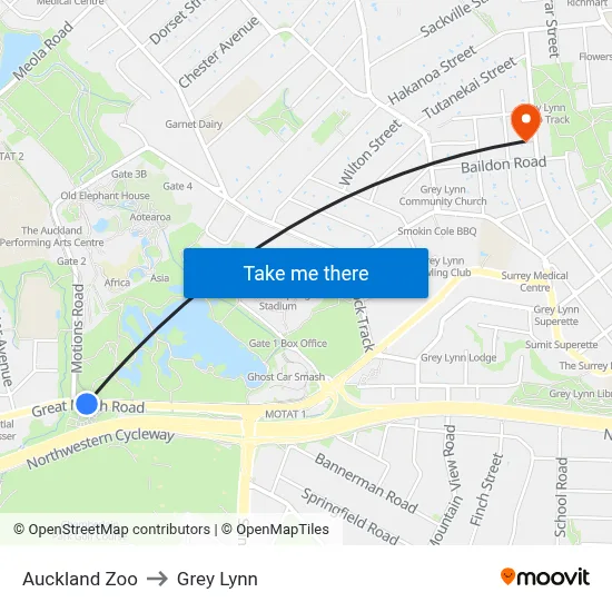 Auckland Zoo to Grey Lynn map