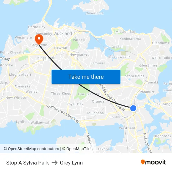 Stop A Sylvia Park to Grey Lynn map