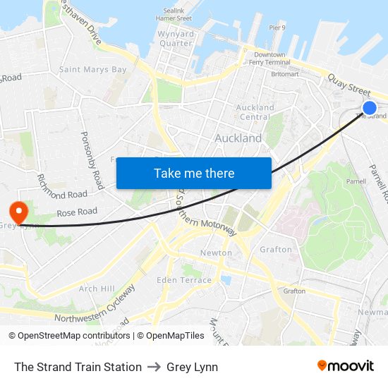 The Strand Train Station to Grey Lynn map