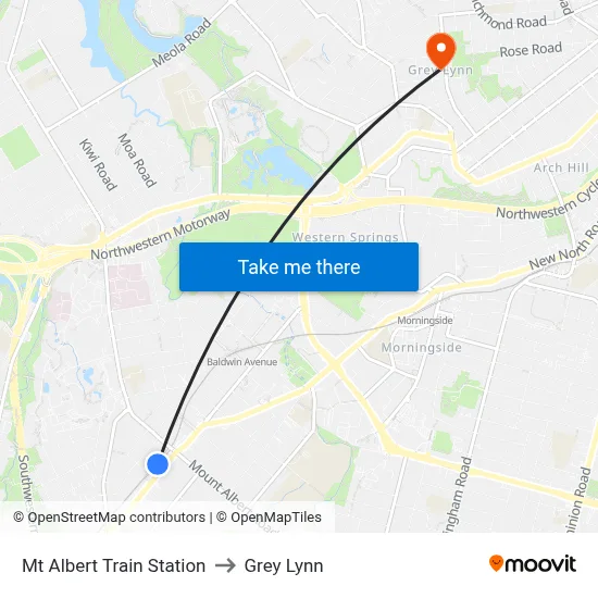 Mt Albert Train Station to Grey Lynn map