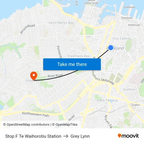 Stop F Te Waihorotiu Station to Grey Lynn map