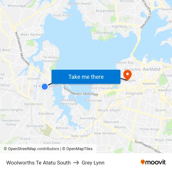 Woolworths Te Atatu South to Grey Lynn map