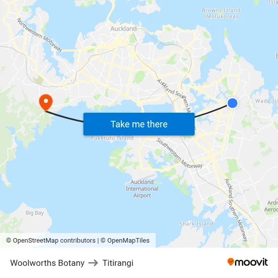Woolworths Botany to Titirangi map