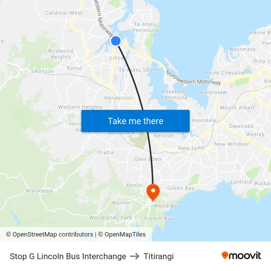 Stop G Lincoln Bus Interchange to Titirangi map