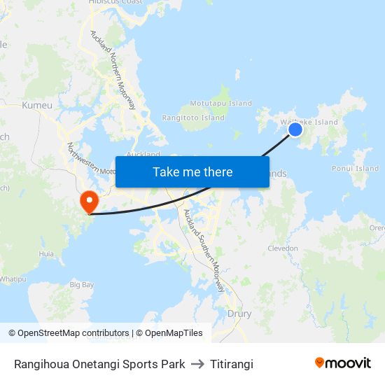 Rangihoua Onetangi Sports Park to Titirangi map