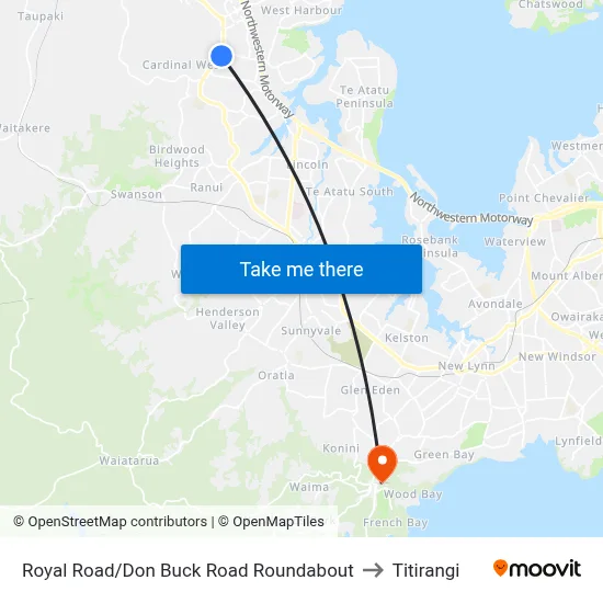 Royal Road/Don Buck Road Roundabout to Titirangi map