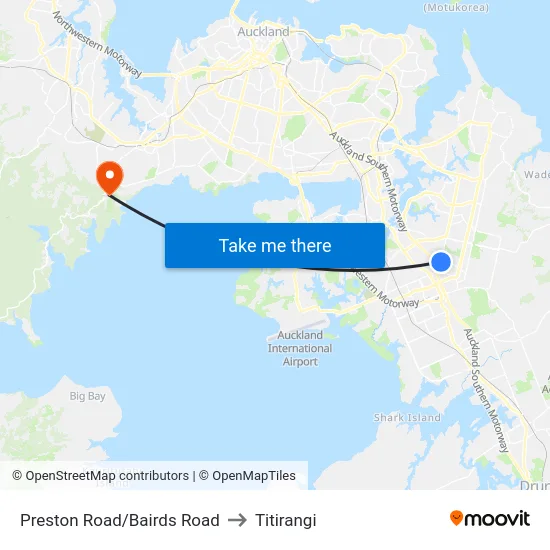 Preston Road/Bairds Road to Titirangi map