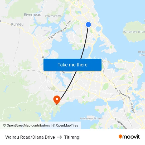 Wairau Road/Diana Drive to Titirangi map