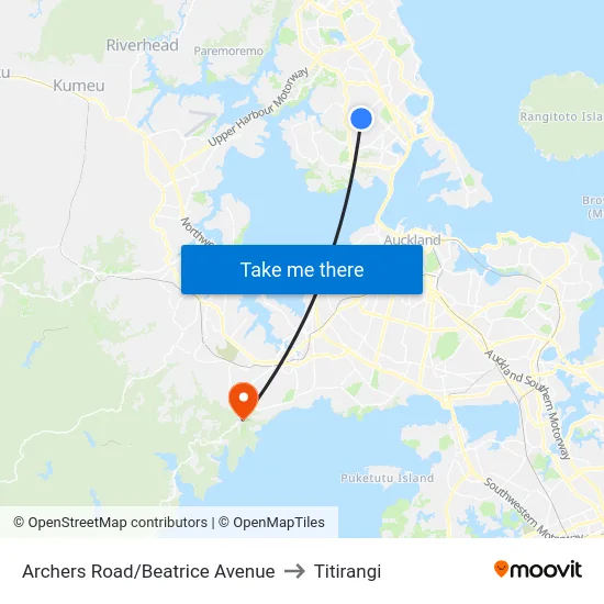 Archers Road/Beatrice Avenue to Titirangi map