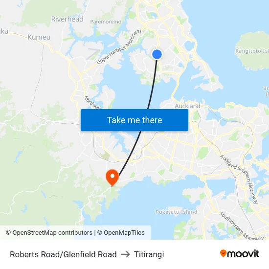 Roberts Road/Glenfield Road to Titirangi map