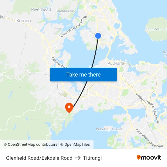 Glenfield Road/Eskdale Road to Titirangi map