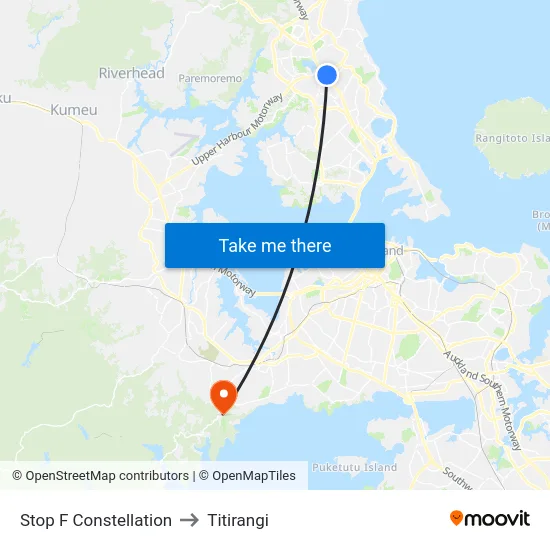 Stop F Constellation to Titirangi map