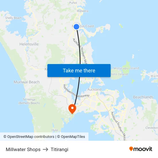 Millwater Shops to Titirangi map