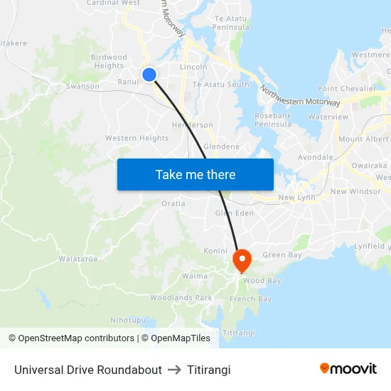 Universal Drive Roundabout to Titirangi map