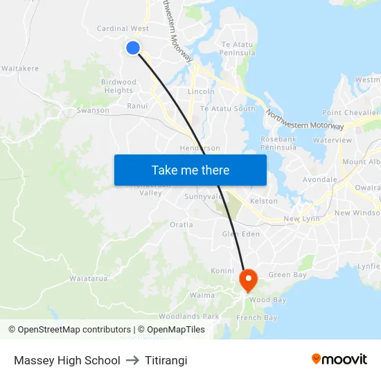 Massey High School to Titirangi map