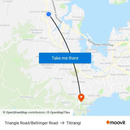 Triangle Road/Bellringer Road to Titirangi map