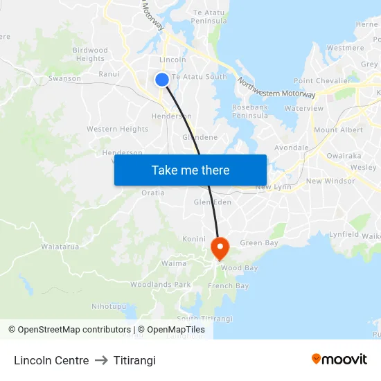 Lincoln Centre to Titirangi map