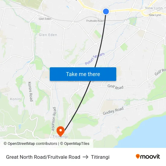 Great North Road/Fruitvale Road to Titirangi map
