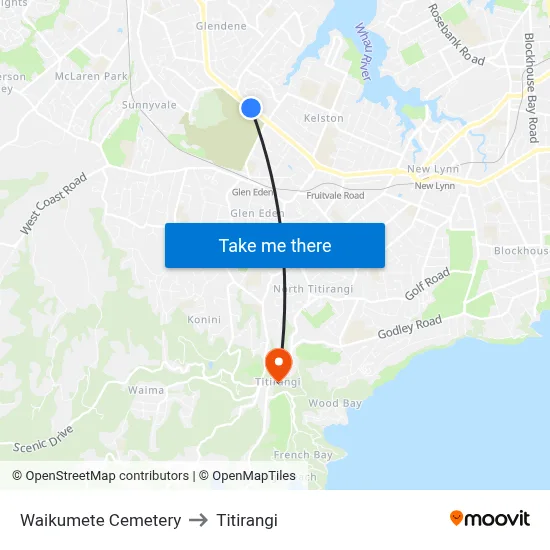 Waikumete Cemetery to Titirangi map