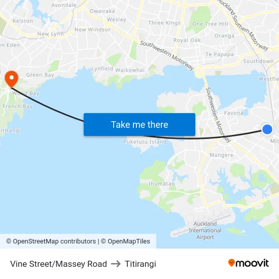Vine Street/Massey Road to Titirangi map