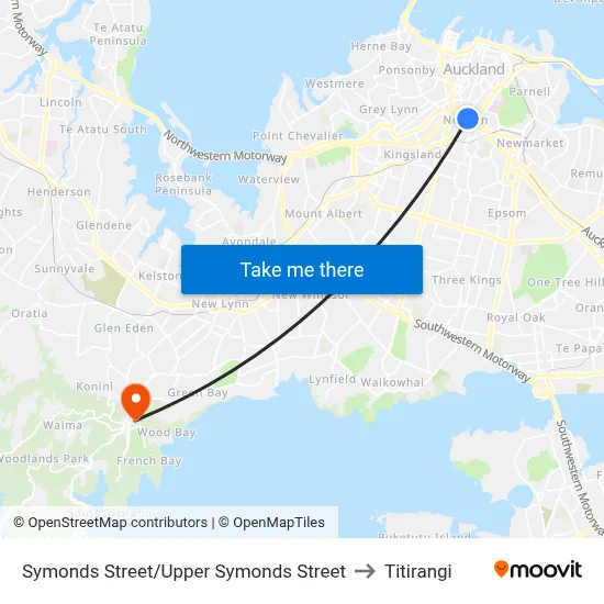 Symonds Street/Upper Symonds Street to Titirangi map