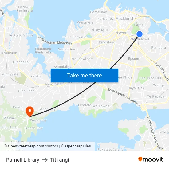 Parnell Library to Titirangi map