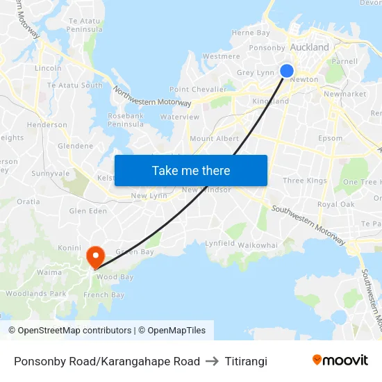 Ponsonby Road/Karangahape Road to Titirangi map