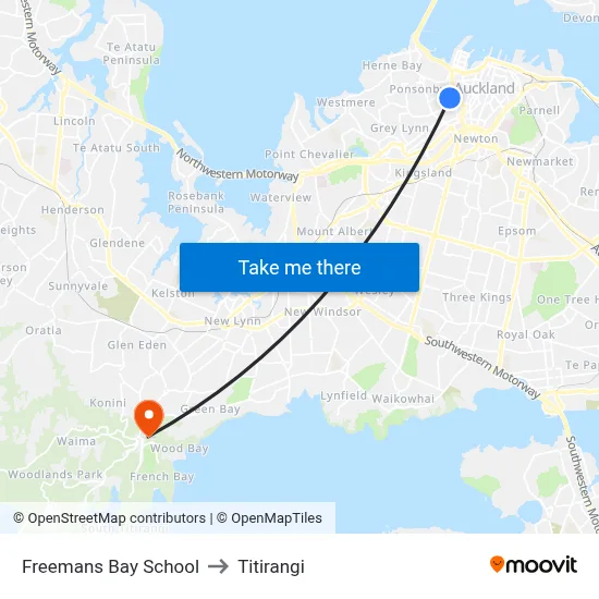 Freemans Bay School to Titirangi map