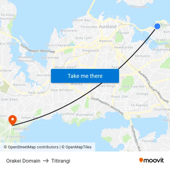 Orakei Domain to Titirangi map