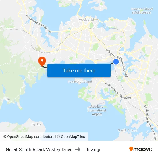 Great South Road/Vestey Drive to Titirangi map