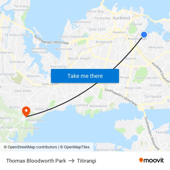 Thomas Bloodworth Park to Titirangi map