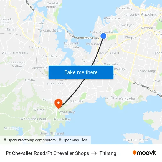 Pt Chevalier Road/Pt Chevalier Shops to Titirangi map