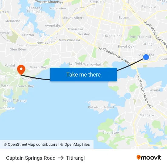 Captain Springs Road to Titirangi map