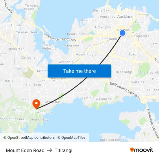 Mount Eden Road to Titirangi map