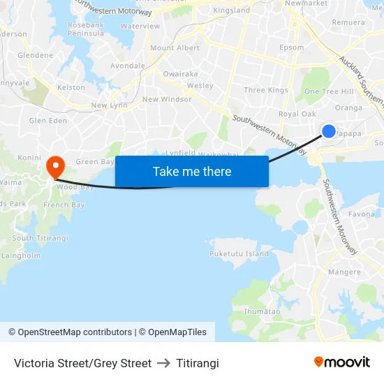 Victoria Street/Grey Street to Titirangi map