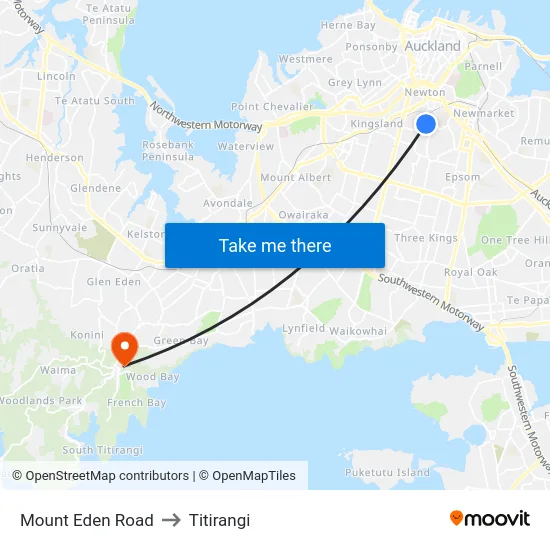 Mount Eden Road to Titirangi map