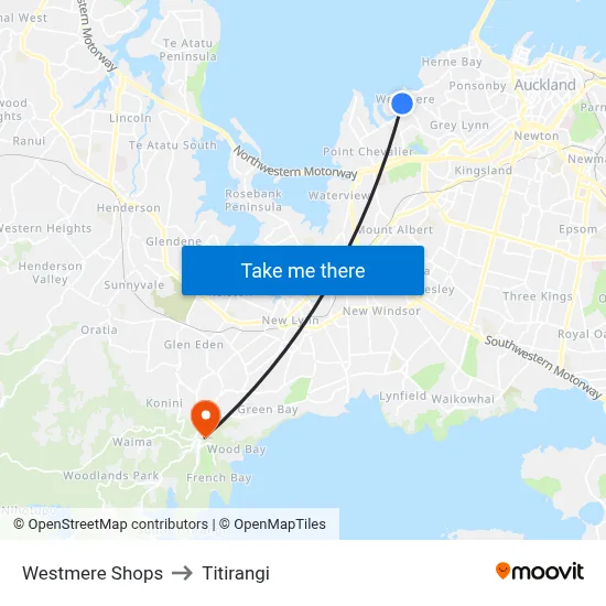 Westmere Shops to Titirangi map