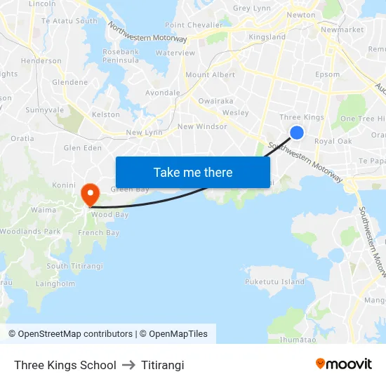 Three Kings School to Titirangi map