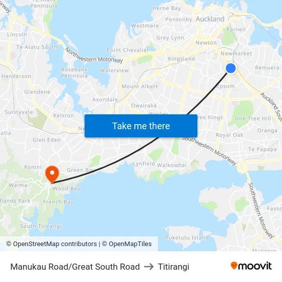 Manukau Road/Great South Road to Titirangi map