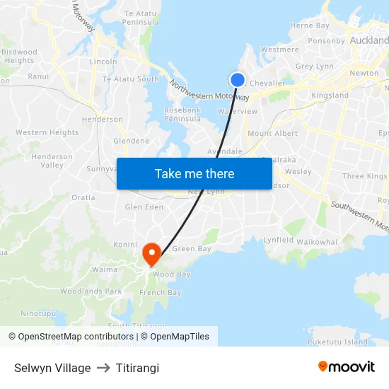 Selwyn Village to Titirangi map