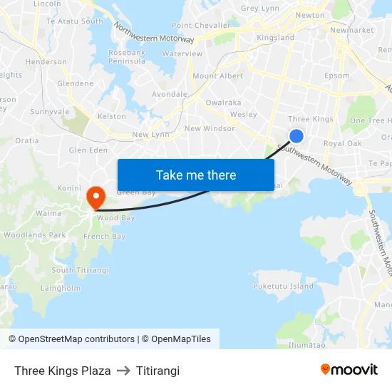 Three Kings Plaza to Titirangi map