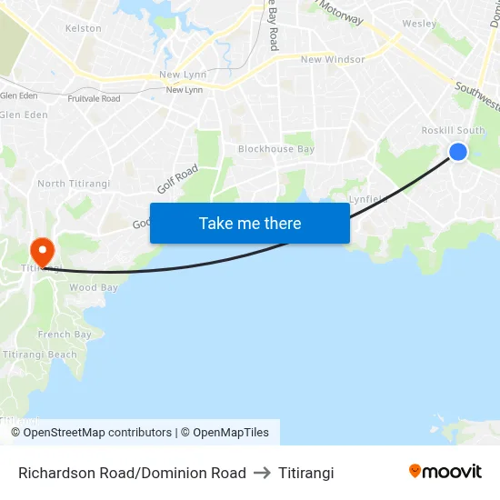 Richardson Road/Dominion Road to Titirangi map