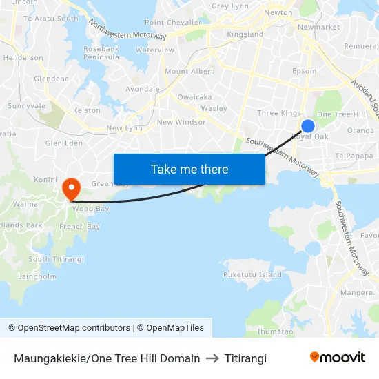 Maungakiekie/One Tree Hill Domain to Titirangi map