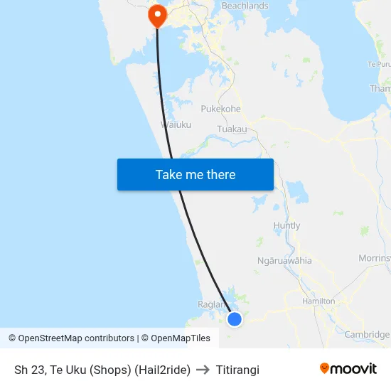 Sh 23, Te Uku (Shops) (Hail2ride) to Titirangi map