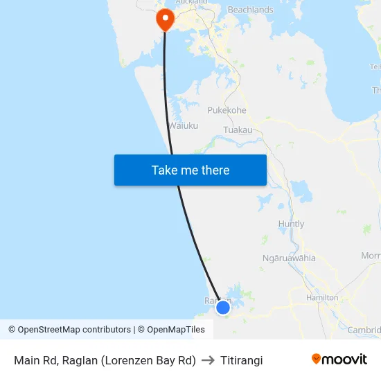 Main Rd, Raglan (Lorenzen Bay Rd) to Titirangi map