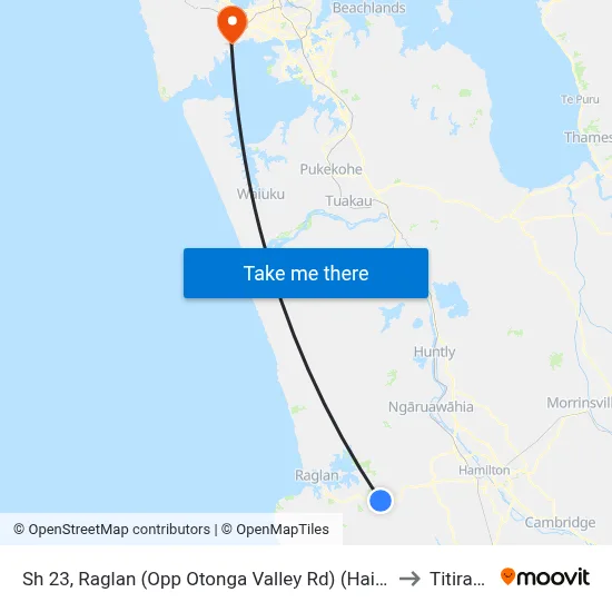 Sh 23, Raglan (Opp Otonga Valley Rd) (Hail2ride) to Titirangi map
