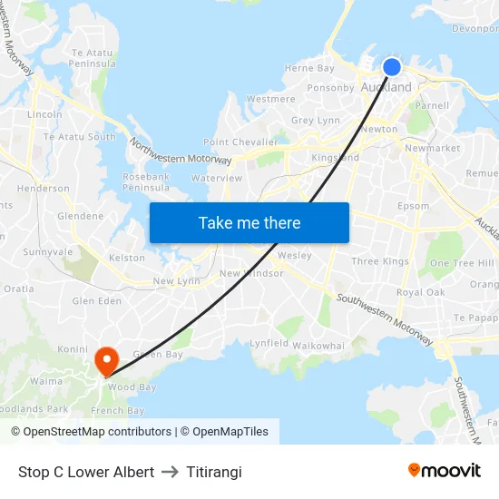 Stop C Lower Albert to Titirangi map